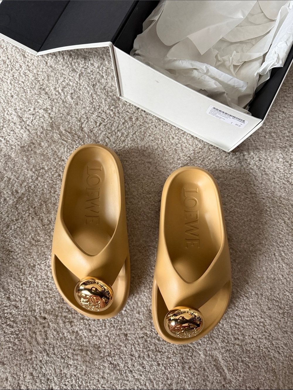 Loewe Tan Slide Sandals with Gold Logo Medallions